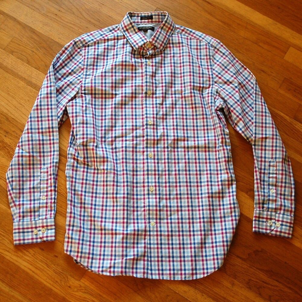 Banana Republic Shirt Men’s Large, White Blue Purple Plaid, Button-Up, Grant Fit